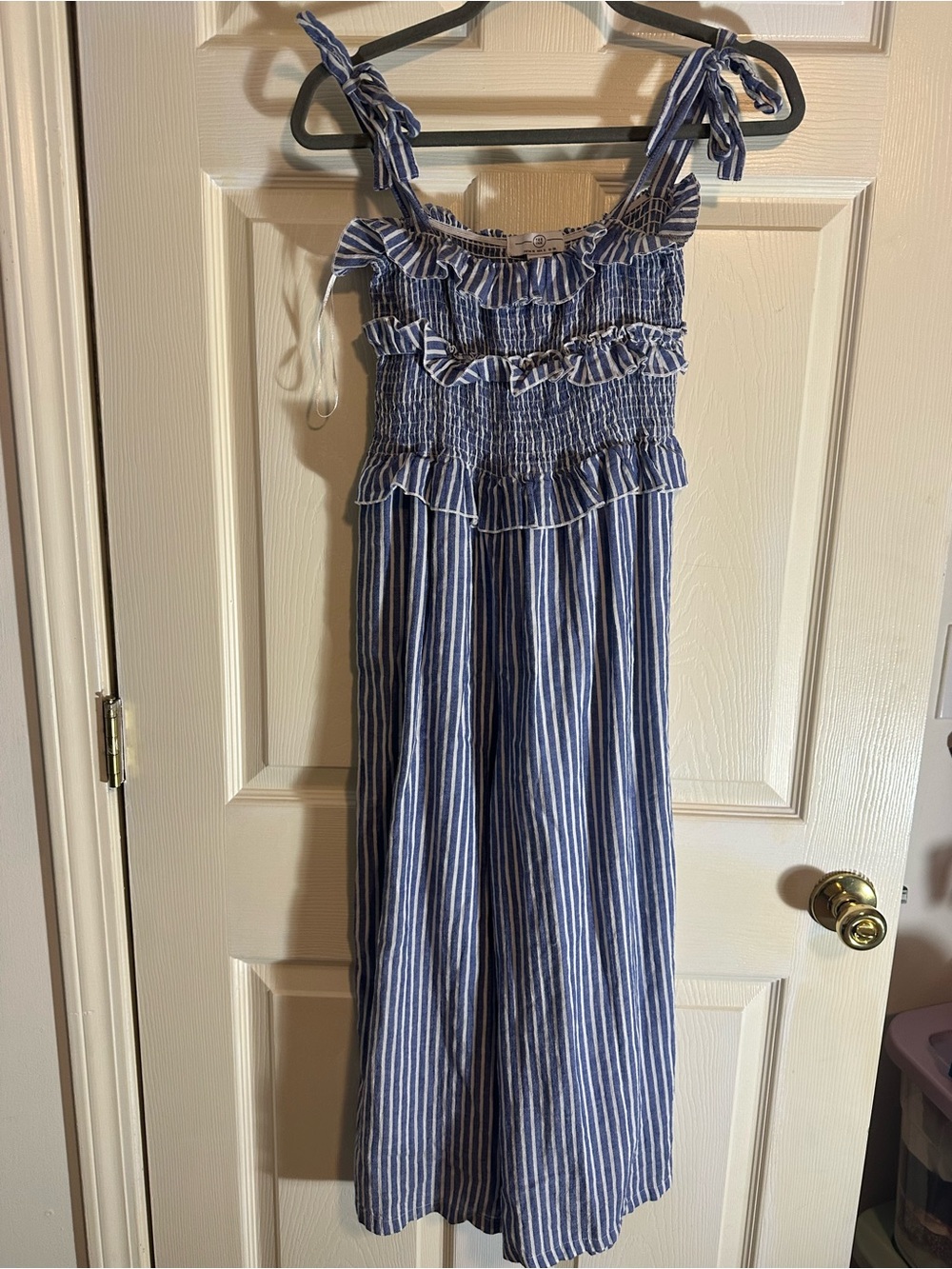Blue & White Striped Smocked Jumpsuit with Tie Straps